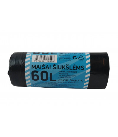 Maišai šiukšlėms 60L 25 vnt/rul. Juodas PE